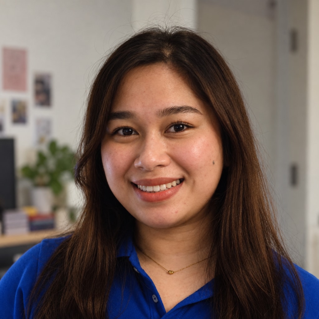 An ordinary photo of a smiling woman in a cluttered office, before processing